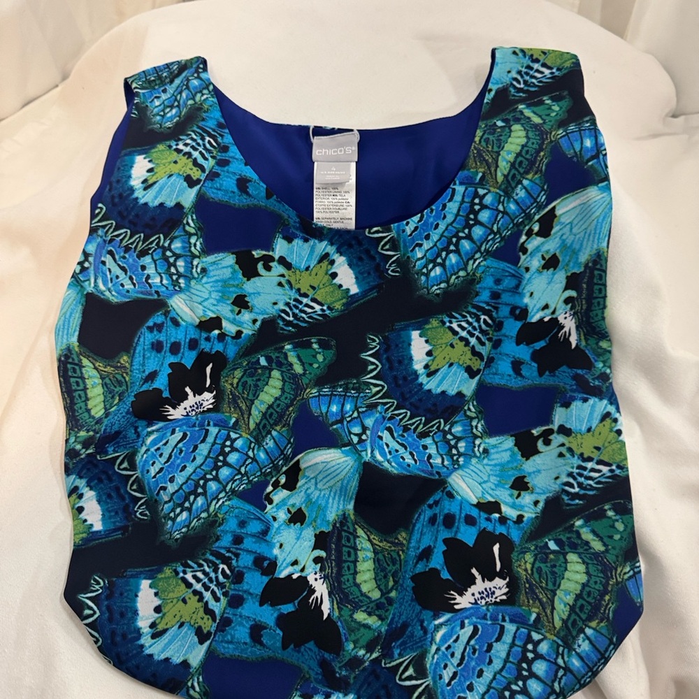 Chico's Vibrant Blue and Green Butterfly Top